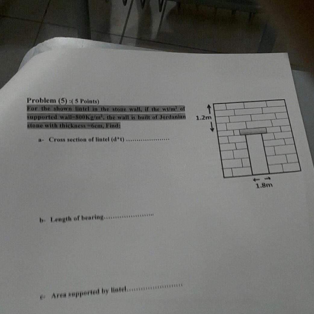 Problem ( 5 ) : ( 5 Points ) For the shown liatel