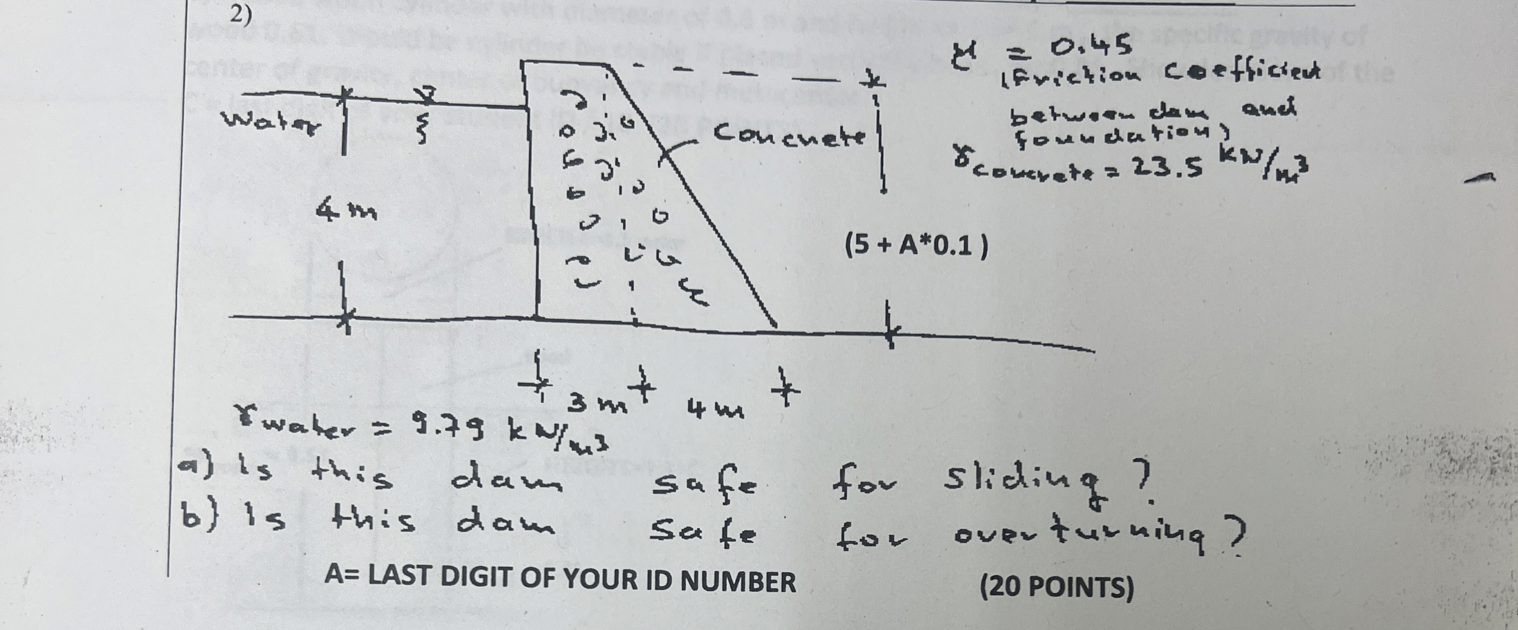 a ) water = 9 . 7 9 k N m 3 a ) is this dam safe