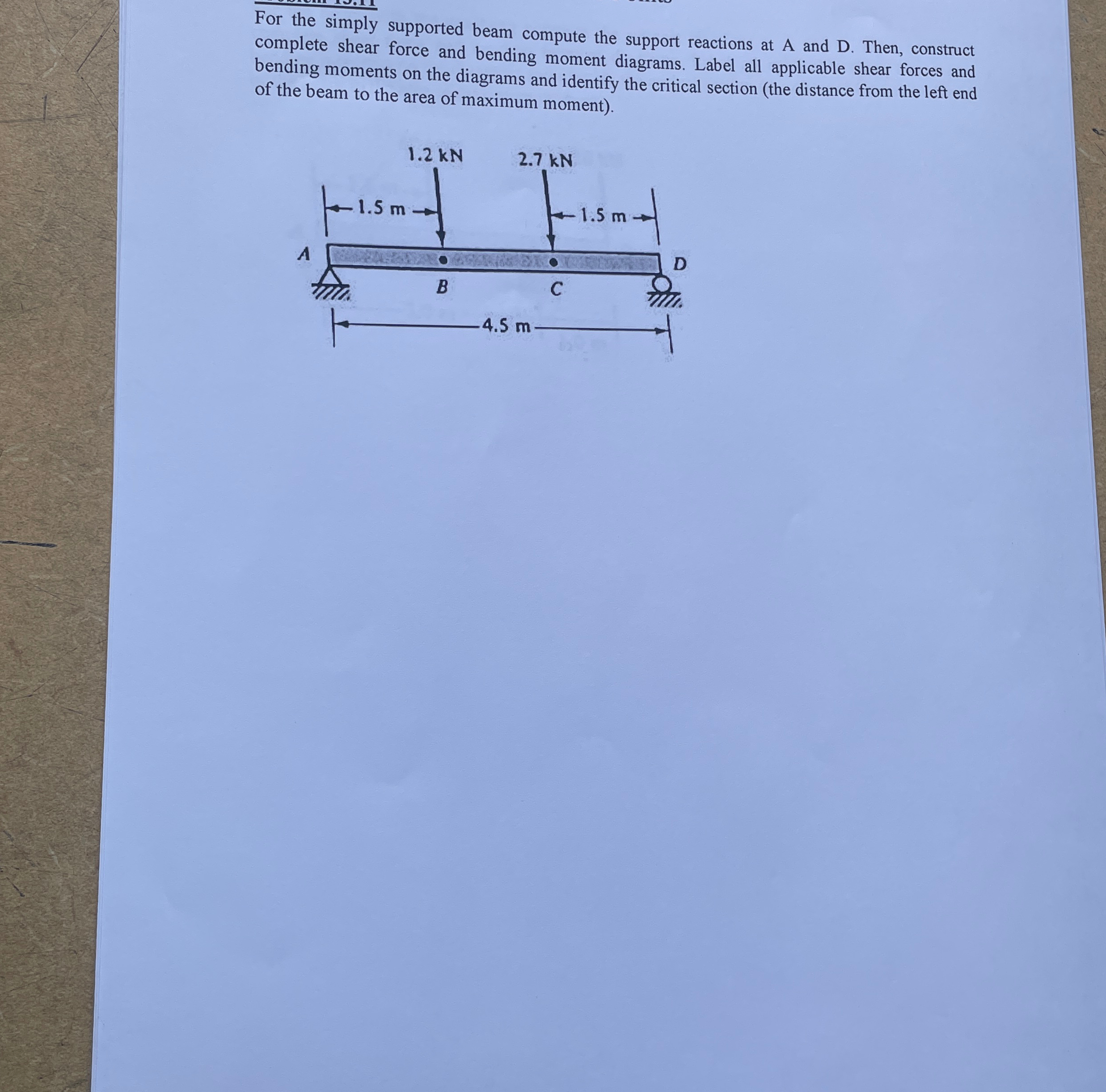 For the simply supported beam compute the support