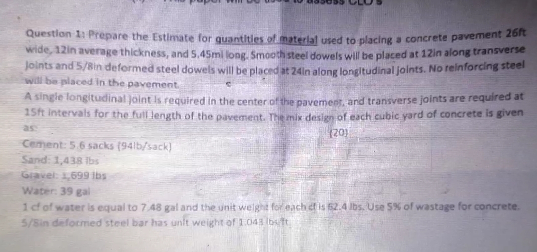 Questlon 1 1 Prepare the Estimate for quantities