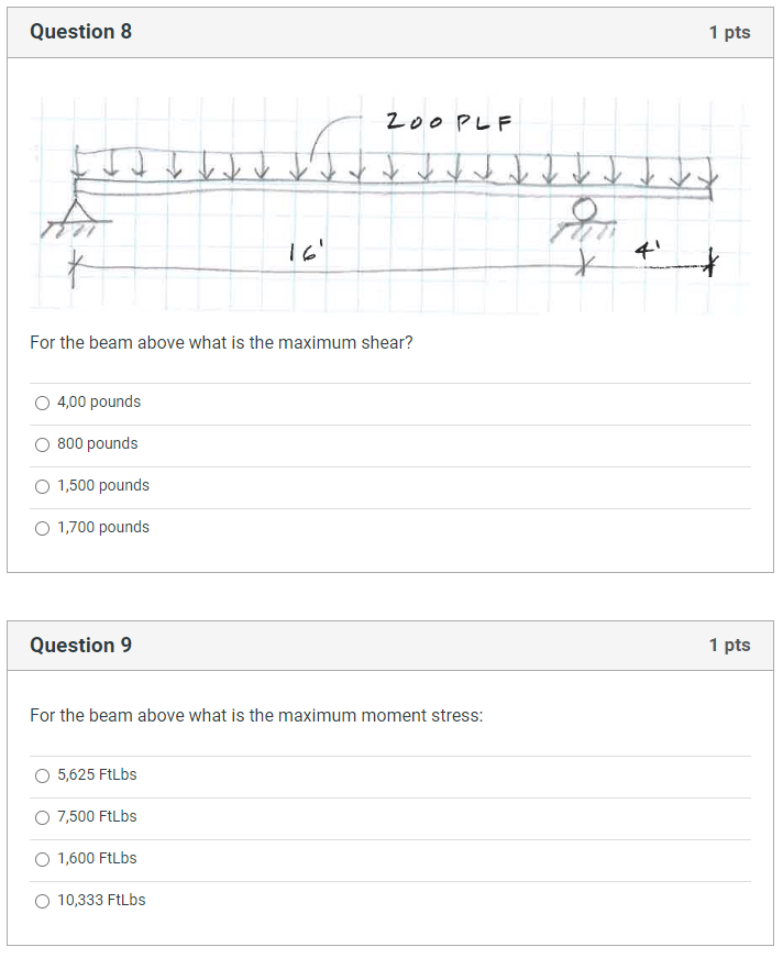 Question 8 For the beam above what is the maximum