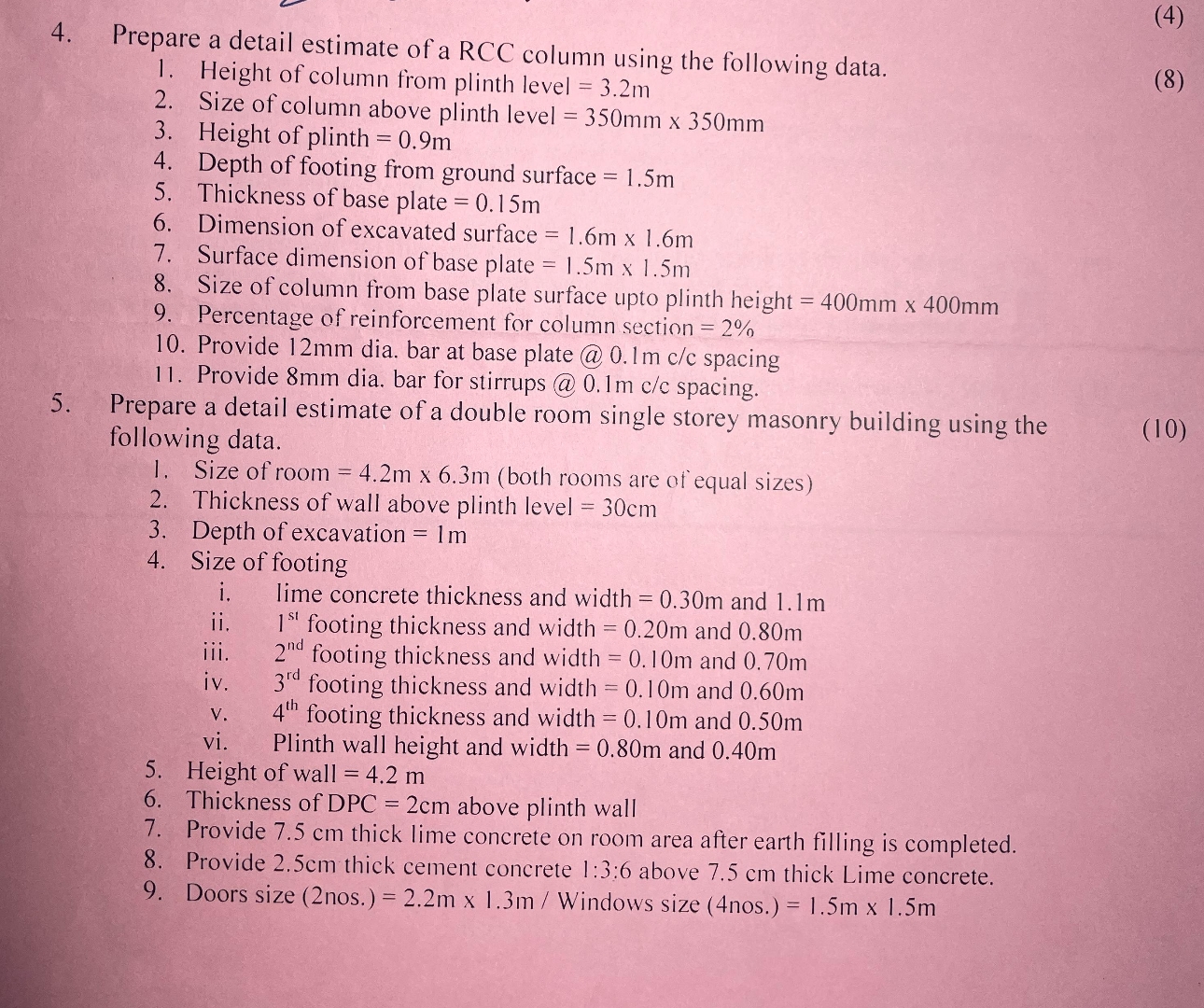 Prepare a detail estimate of a RCC column using