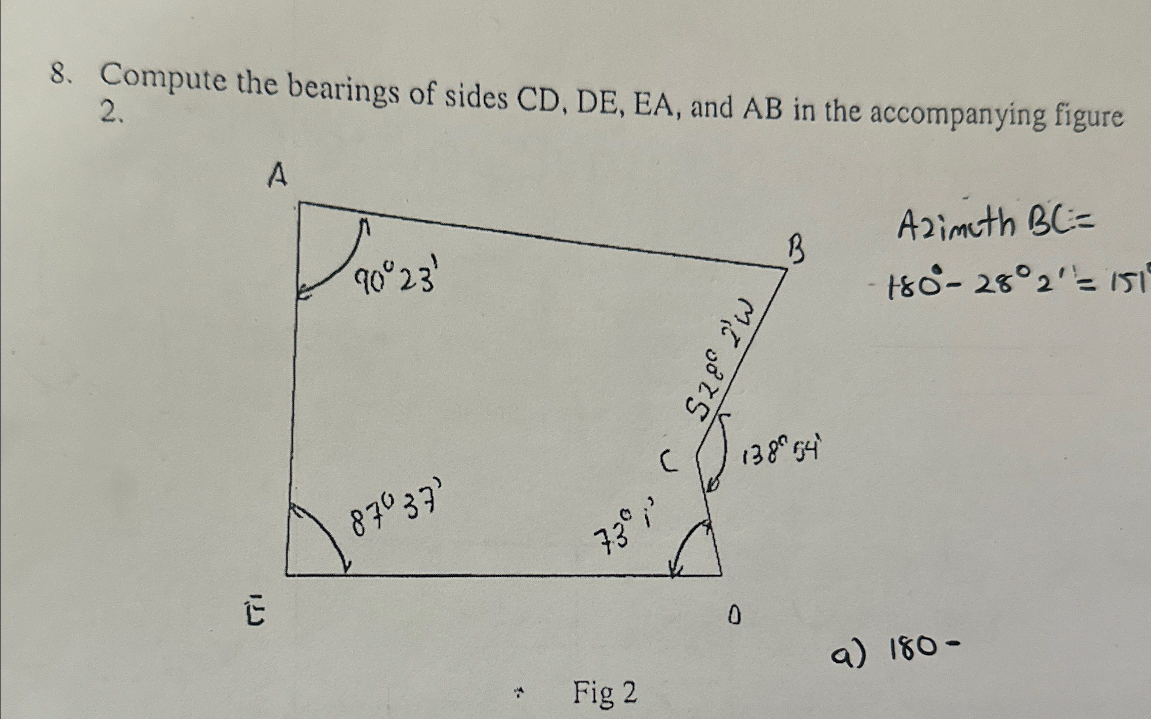 Compute the bearings of sides C D , D E , E A ,