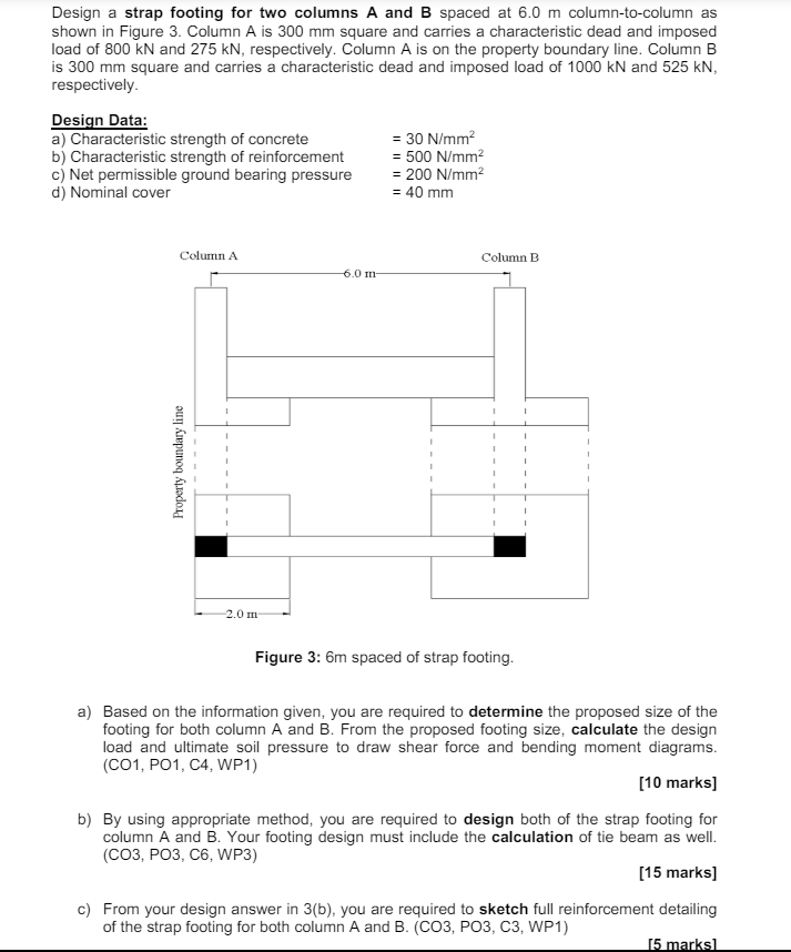 Design a strap footing for two columns A and B