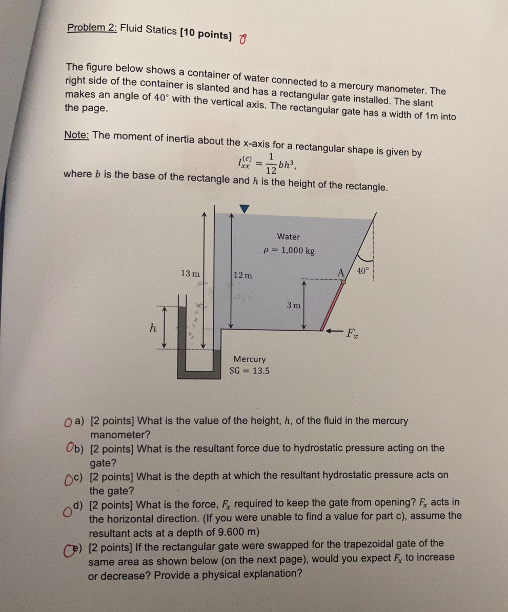 Problem 2 : Fluid Statics [ 1 0 points ] 8 The