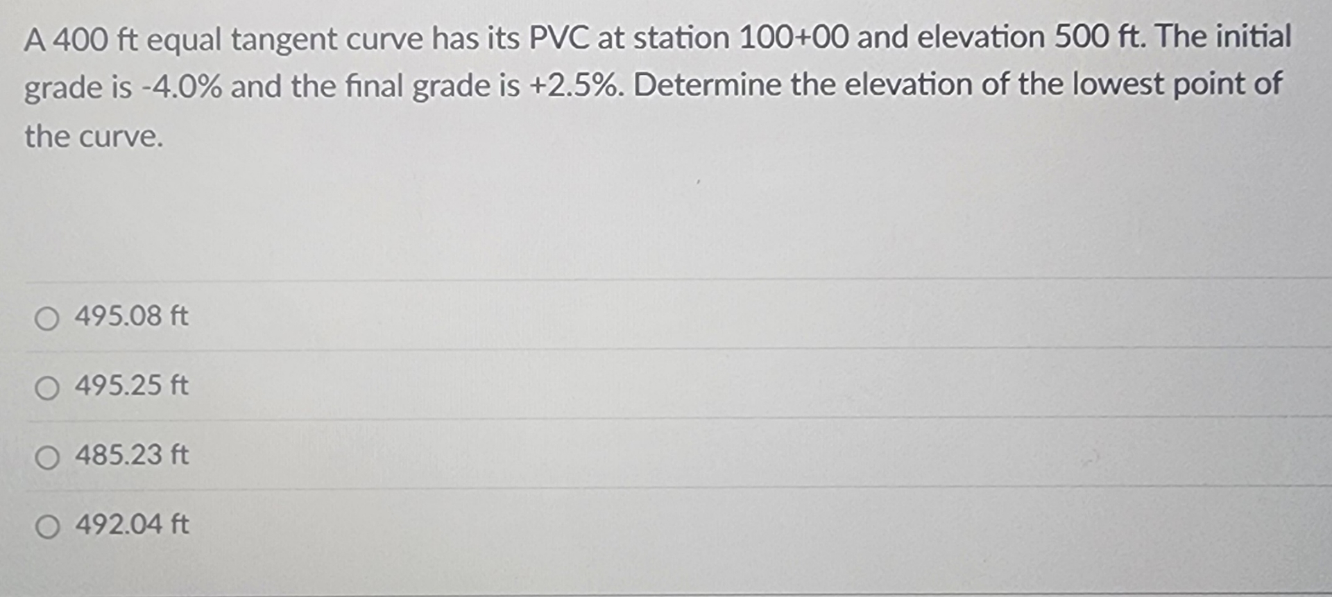 A 4 0 0 ft equal tangent curve has its PVC at