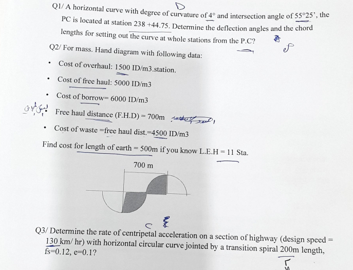 Q 1 / A horizontal curve with degree of curvature