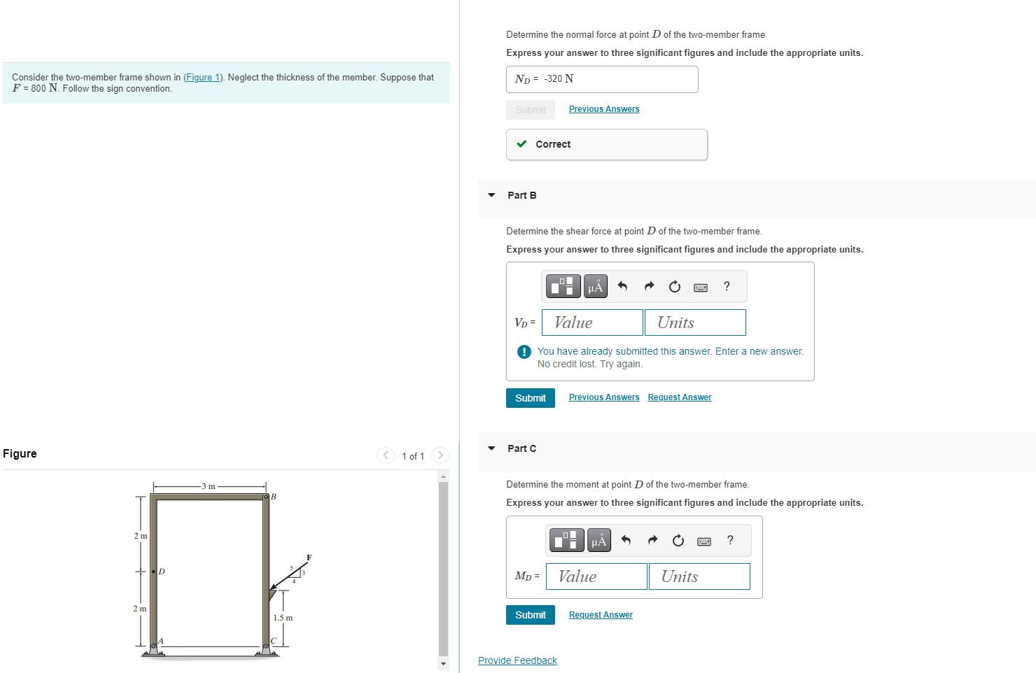 Determine the normal force at point D of the two