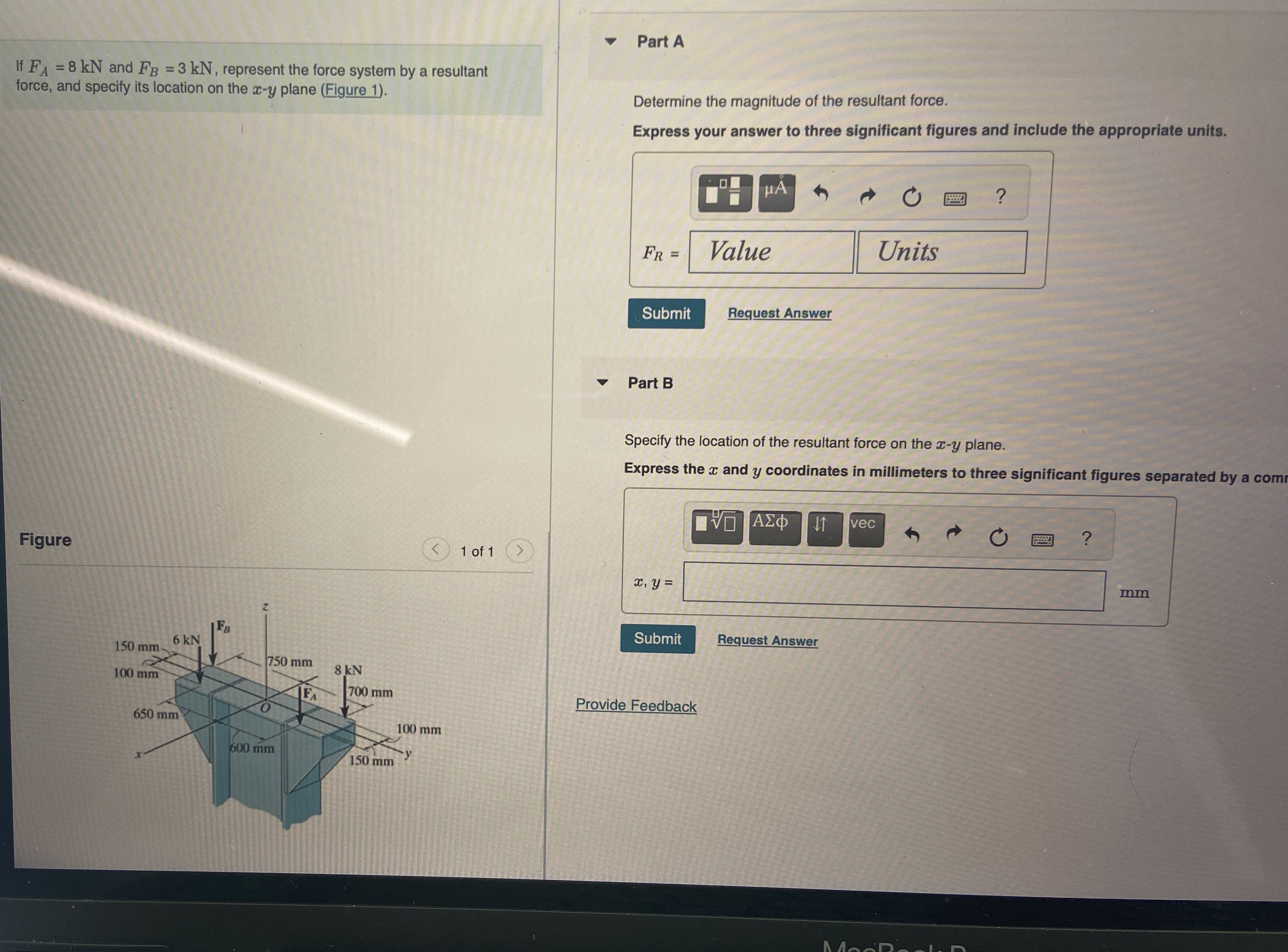 If F A = 8 k N and F B = 3 k N , represent the