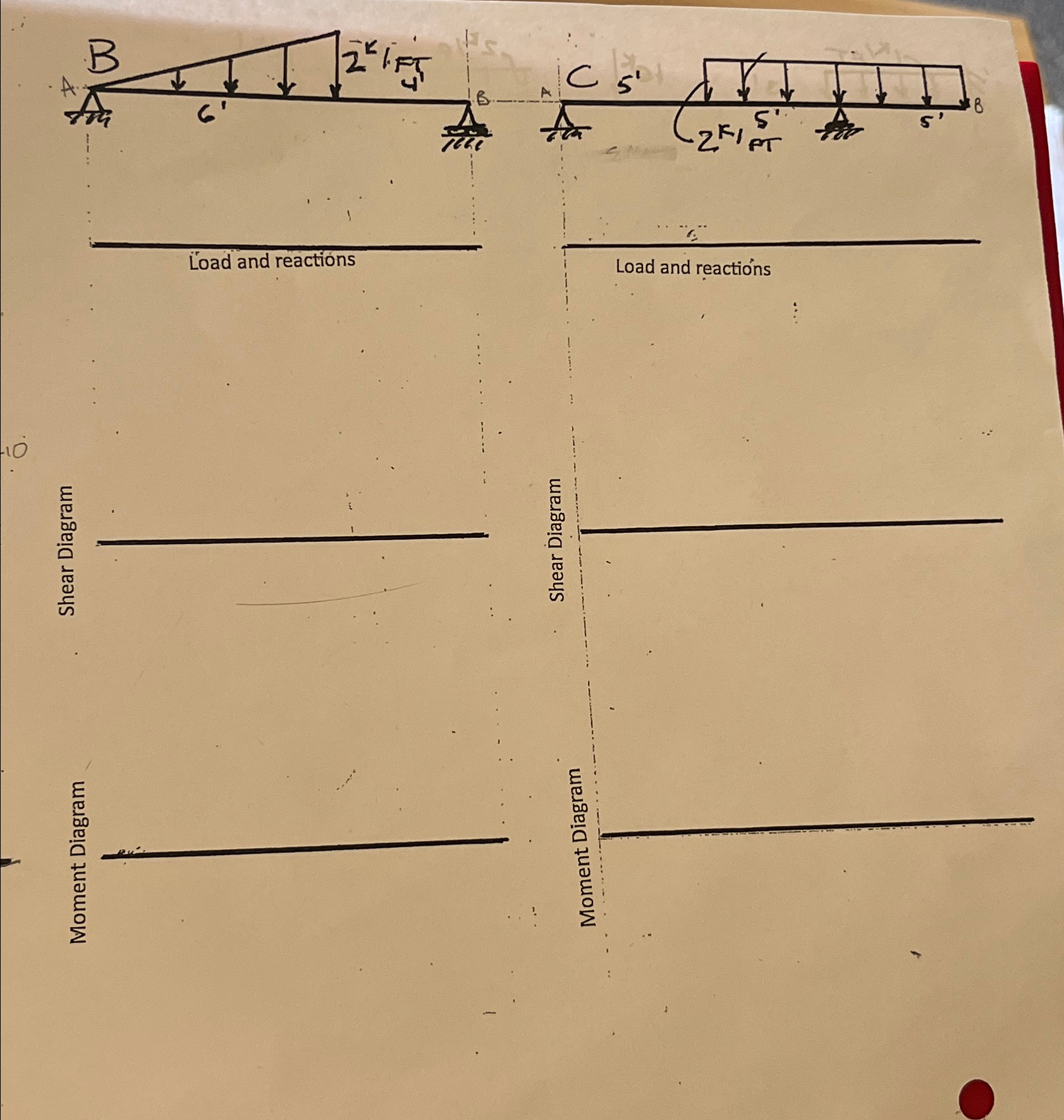 Find the load and reactions, shear diagram, and