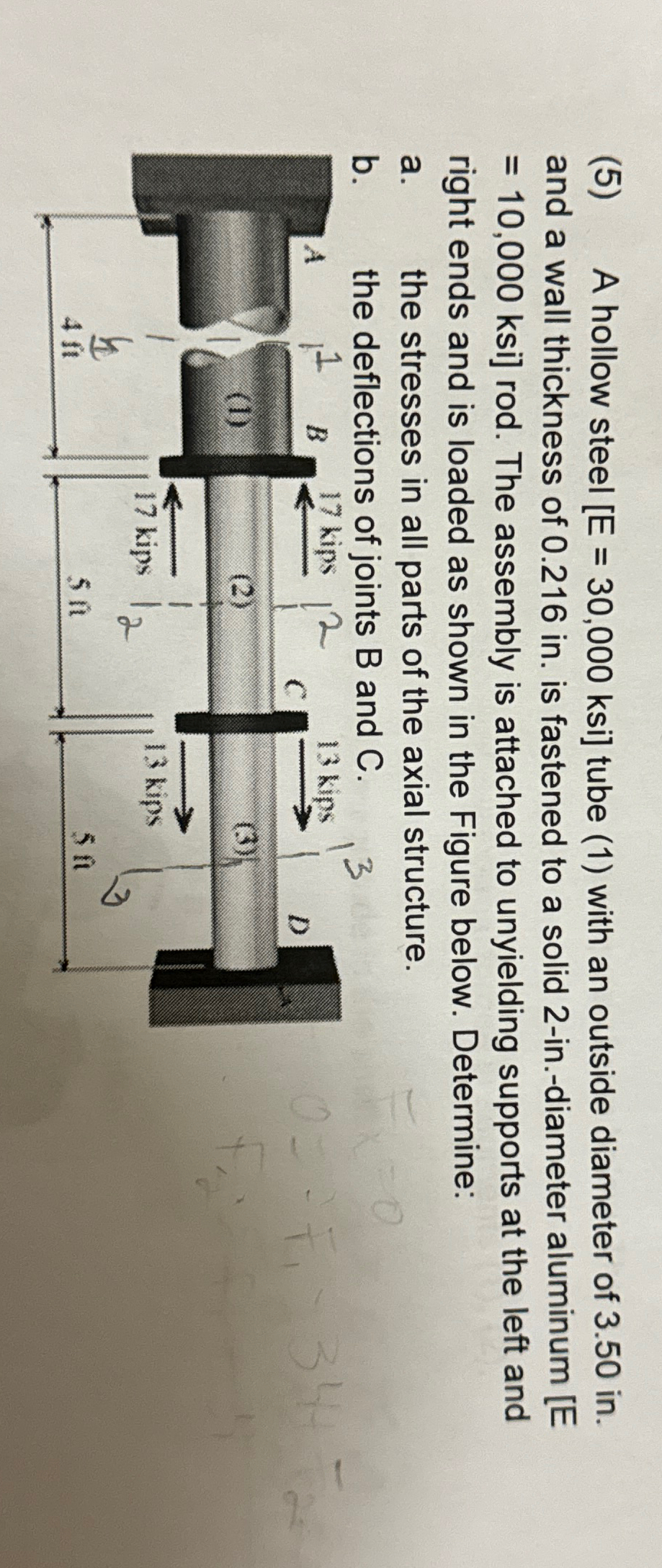 ( 5 ) A hollow steel E = 3 0 , 0 0 0 ksi tube ( 1