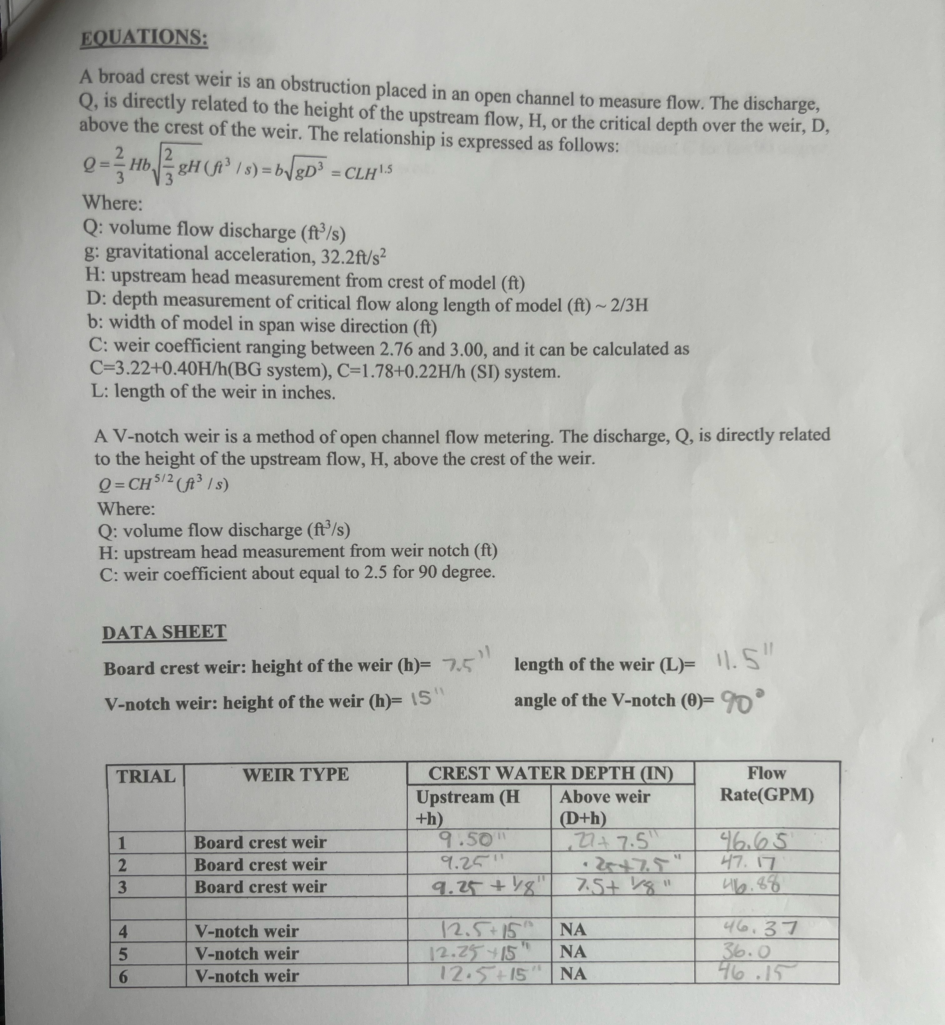 CALCULATIONS: 1 . Knowing the head on the board