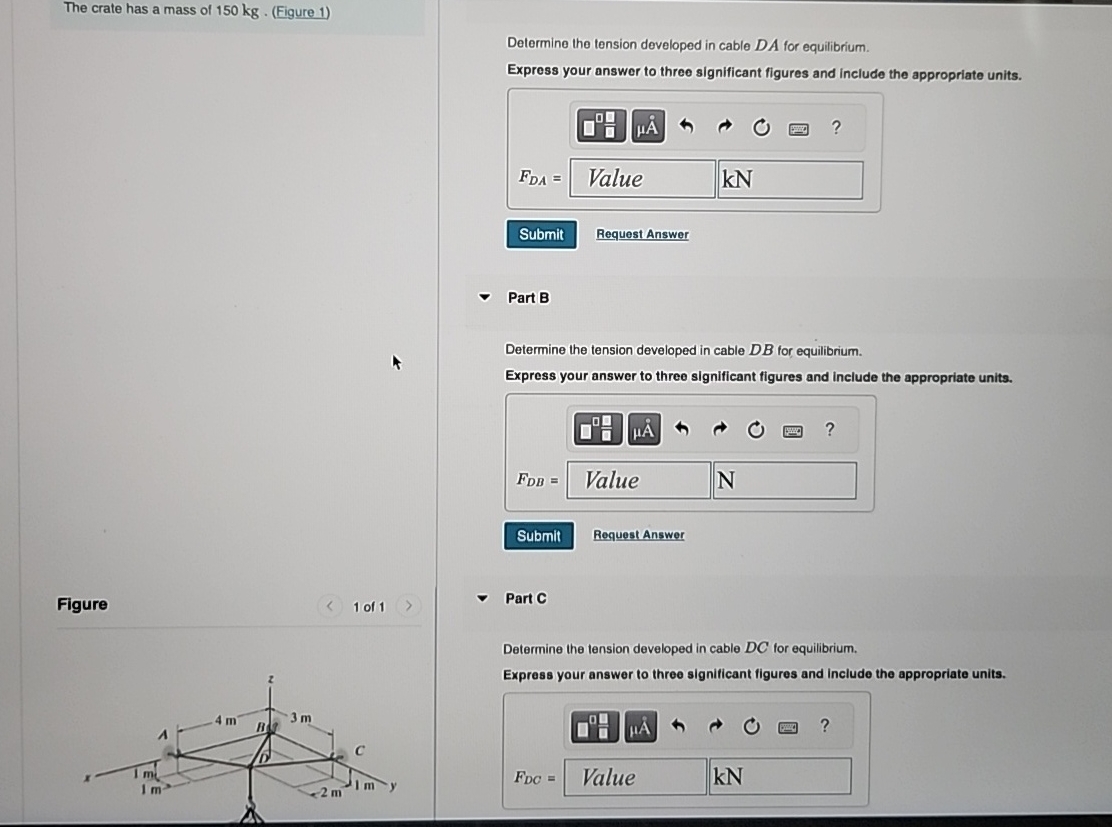 The crate has a mass of 1 5 0 k g . ( Figure 1 )