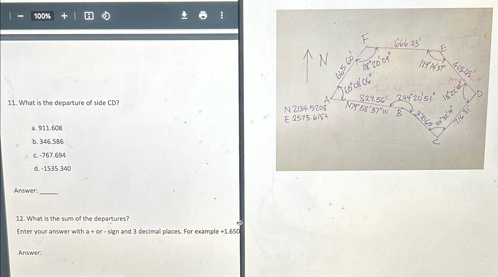 What is the departure of side C D ? a . 9 1 1 . 6