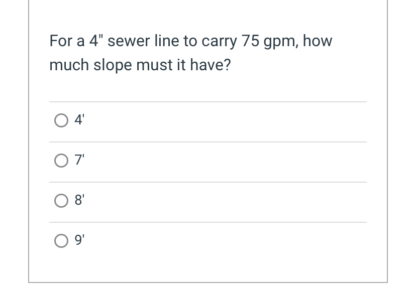 For a 4 " sewer line to carry 7 5 g p m , how