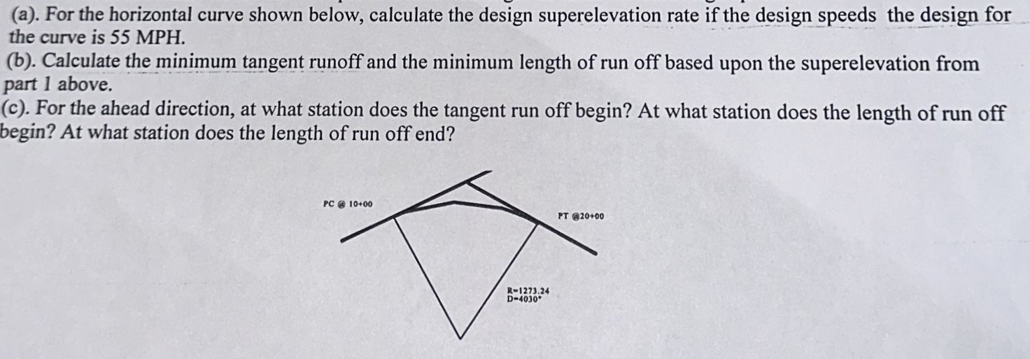 ( a ) . For the horizontal curve shown below,