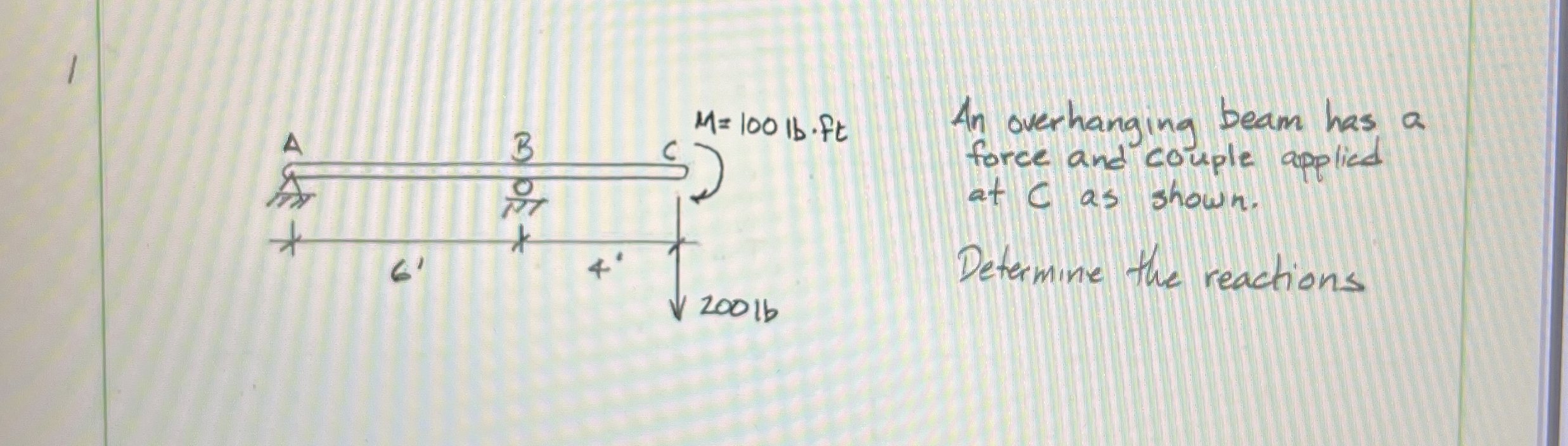 An overhanging beam has a force and couple