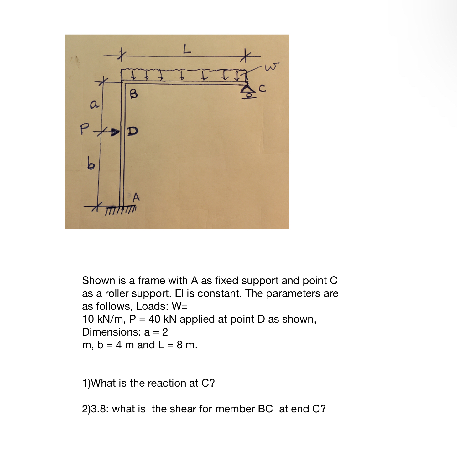 Shown is a frame with A as fixed support and