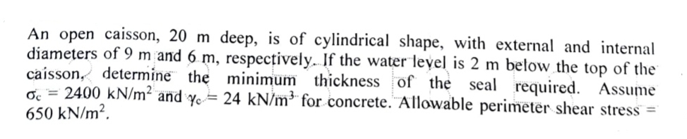 An open caisson, 2 0 m deep, is of cylindrical