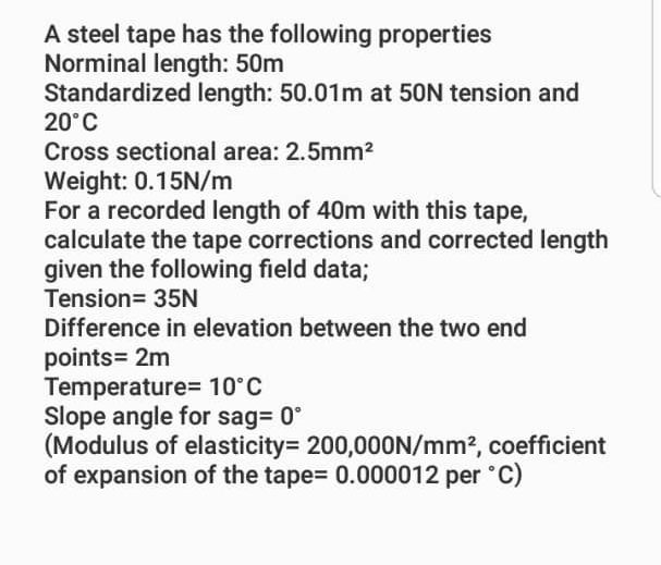 A steel tape has the following properties