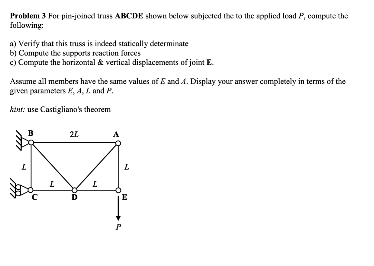 Problem 3 For pin - joined truss ABCDE shown