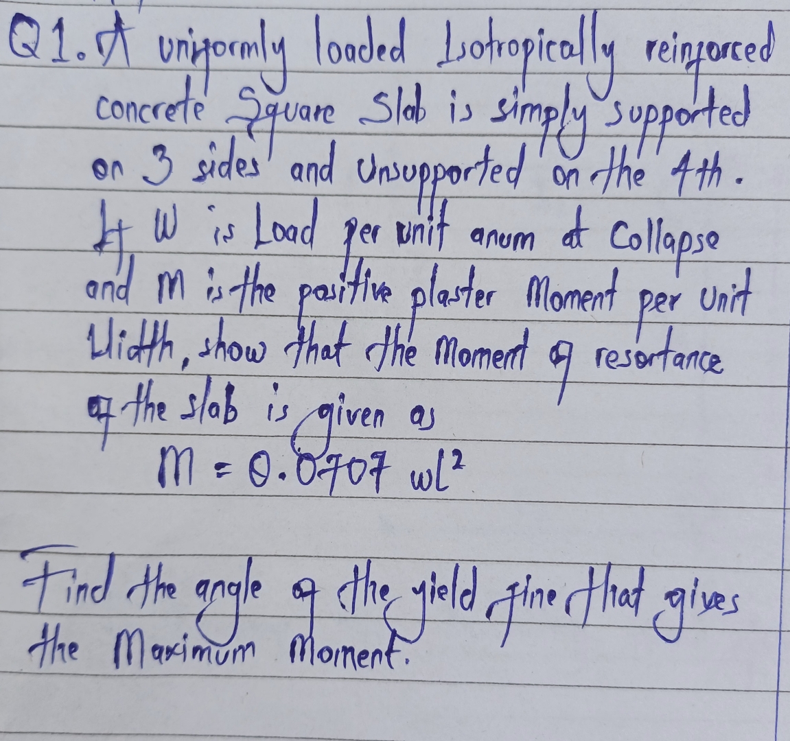 Q 1 . A uniformly loaded Isotropically reinzorsed