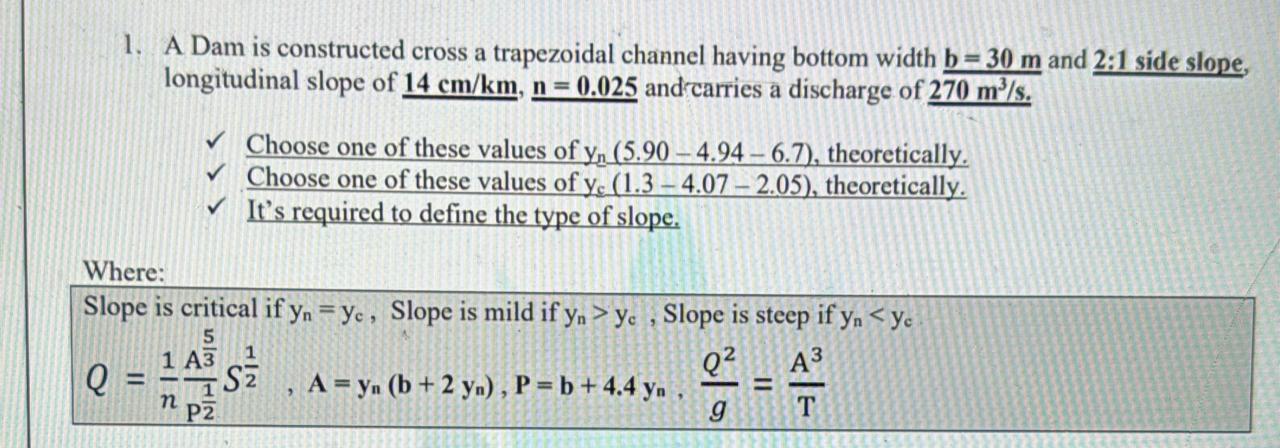 A Dam is constructed cross a trapezoidal channel