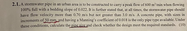 A stormwater pipe in an urban area is to be