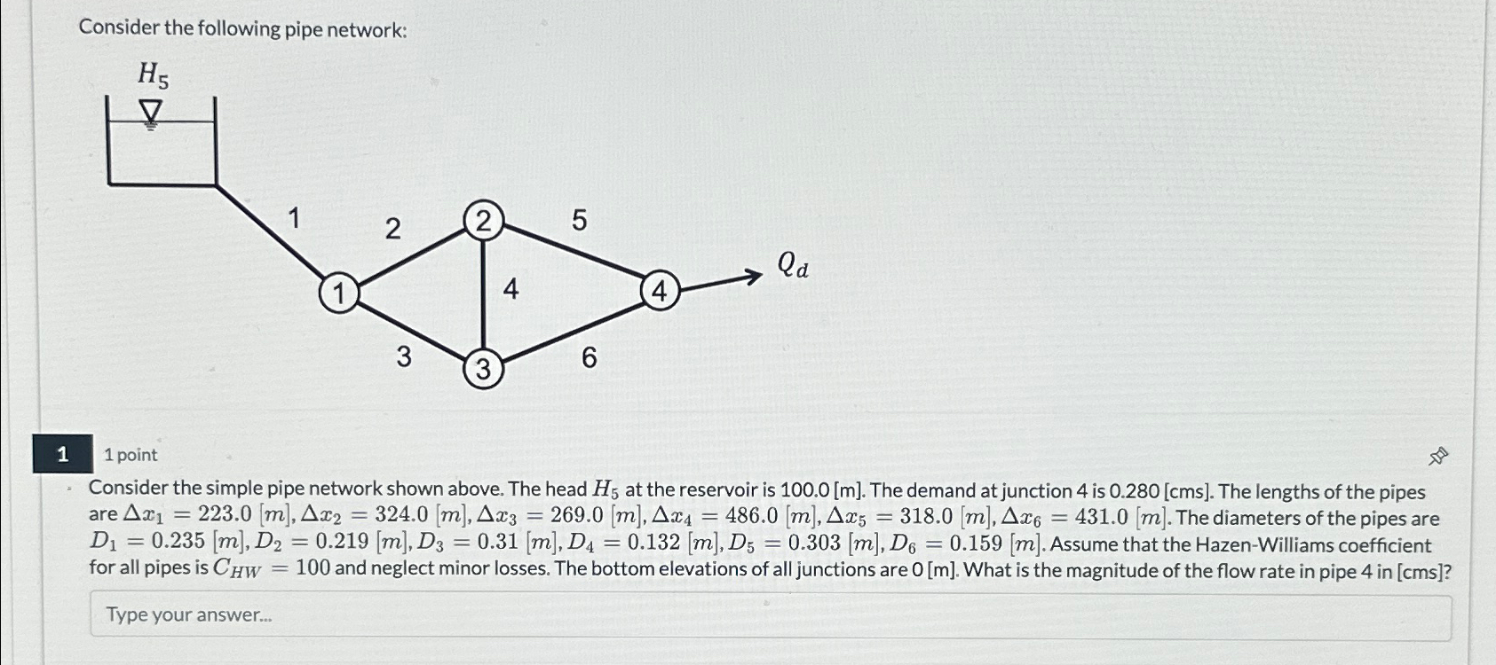 Consider the following pipe network: 1 1 point