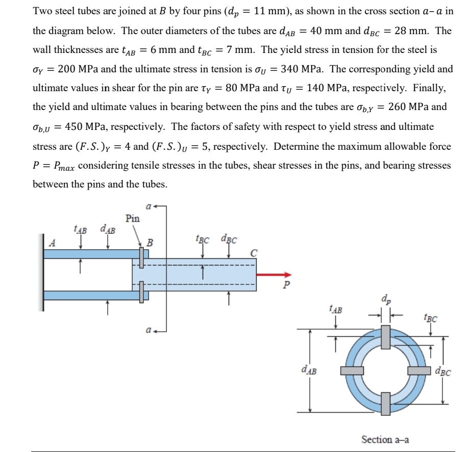 Two steel tubes are joined at B by four pins ) =