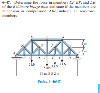 6 - 4 7 . Determine the force in members E F , E