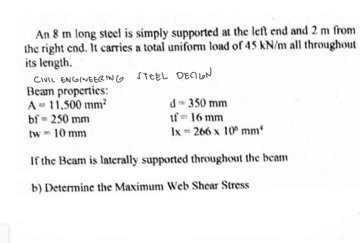 An 8 m long steel is simply supported at the left