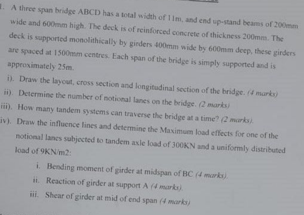 A three span bridge ABCD has a total width of 1 1