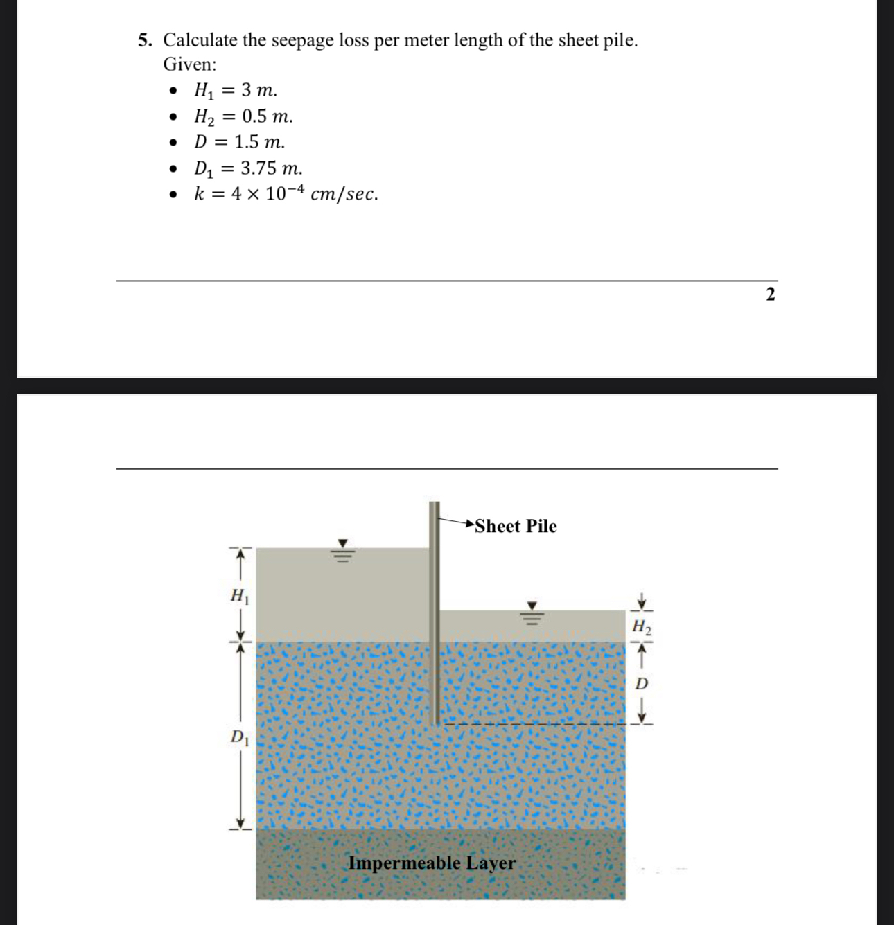 Calculate the seepage loss per meter length of