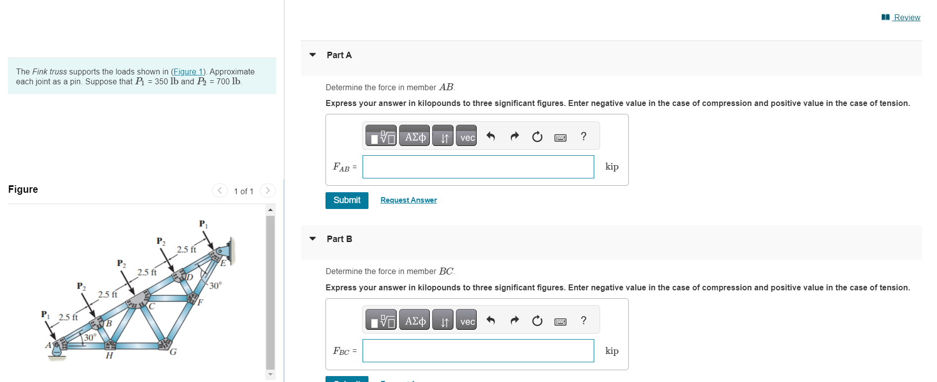 Part A The Fink truss supports the loads shown in