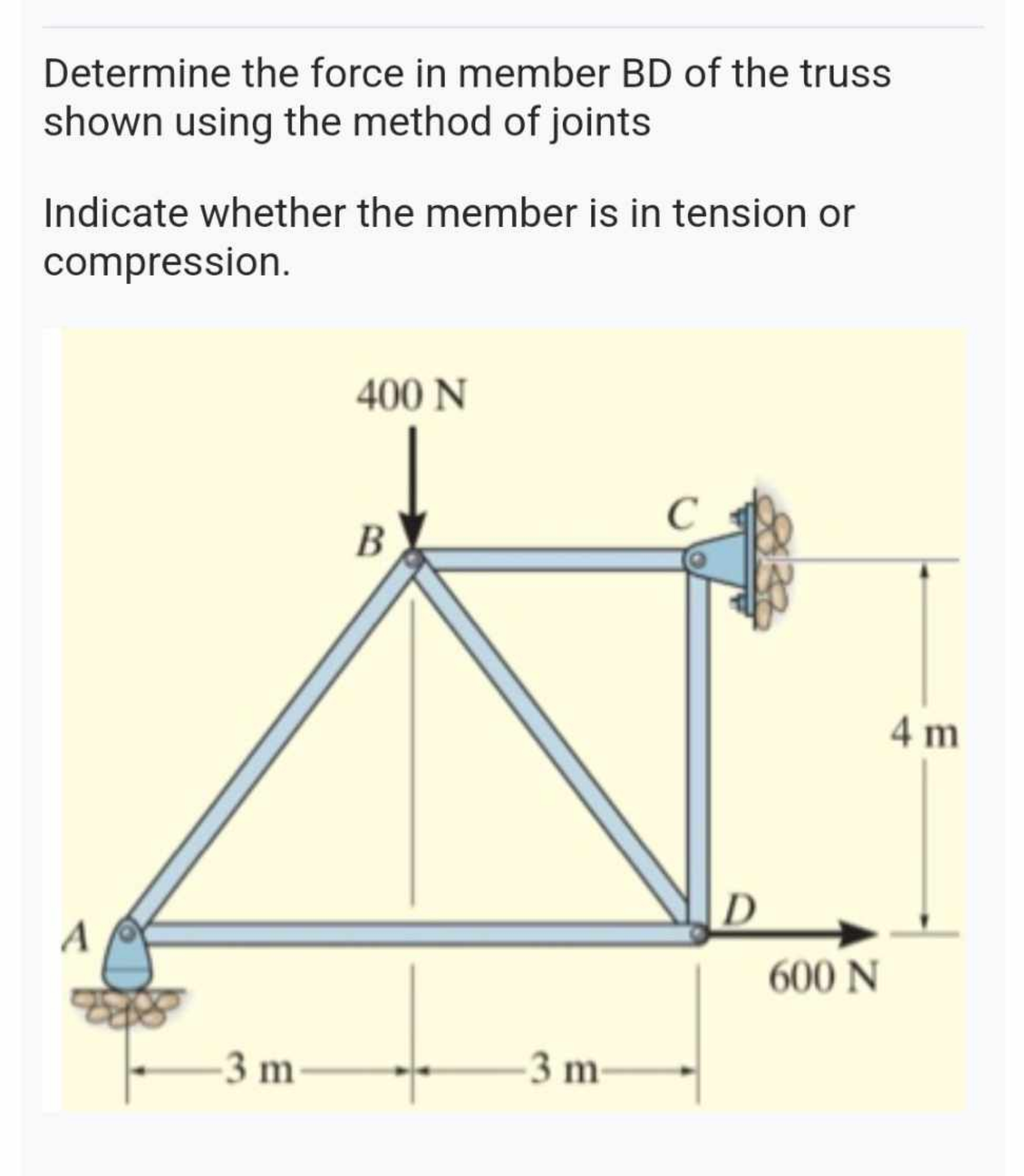 Determine the force in member BD of the truss