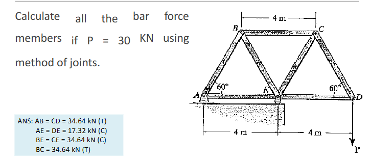 Calculate all the bar force members if P = 3 0 K
