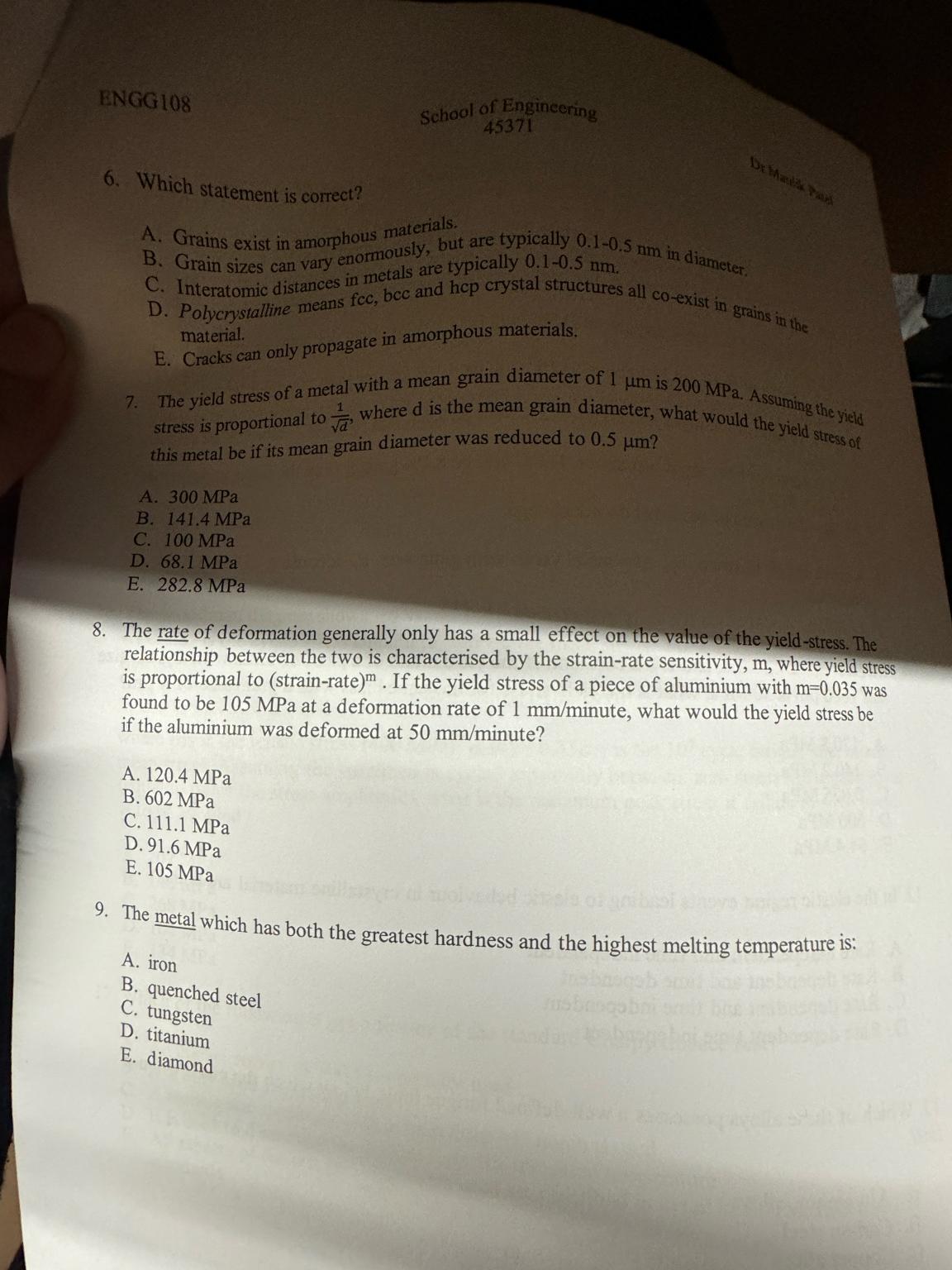 ENGG 1 0 8 School of Engincering 6 . Which