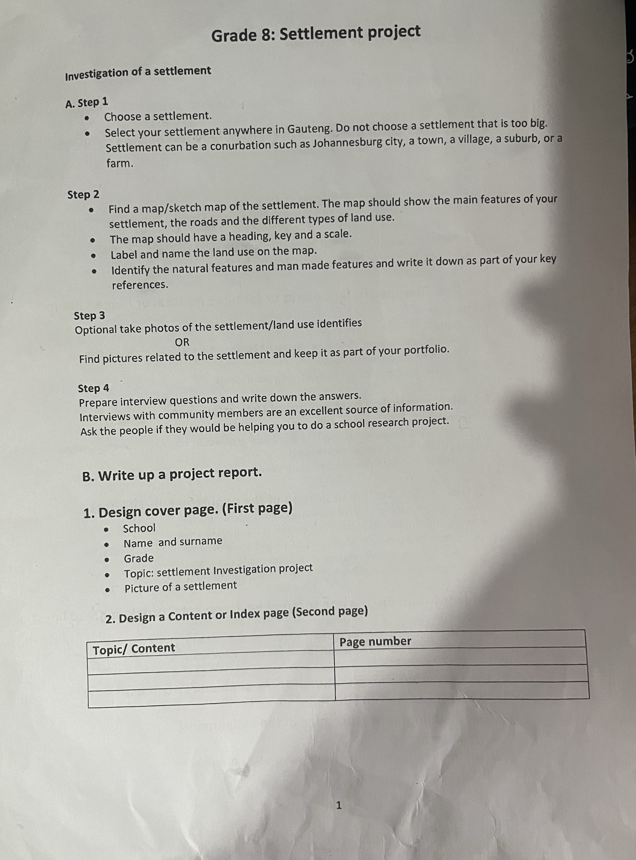 Grade 8 : Settlement project Investigation of a