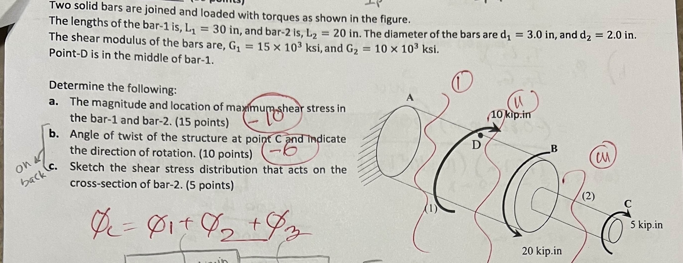 Two solid bars are joined and loaded with torques