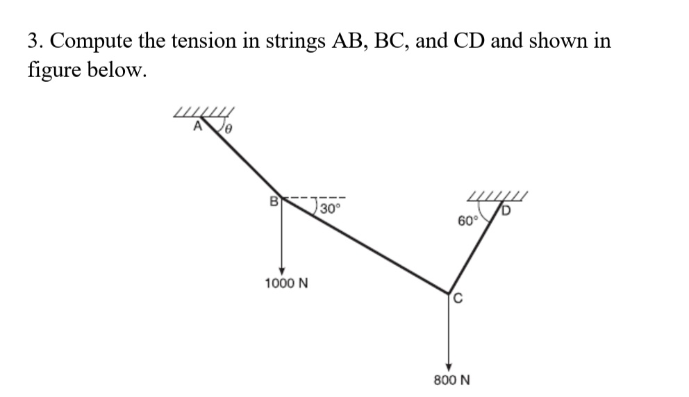 Compute the tension in strings A B , B C , and C