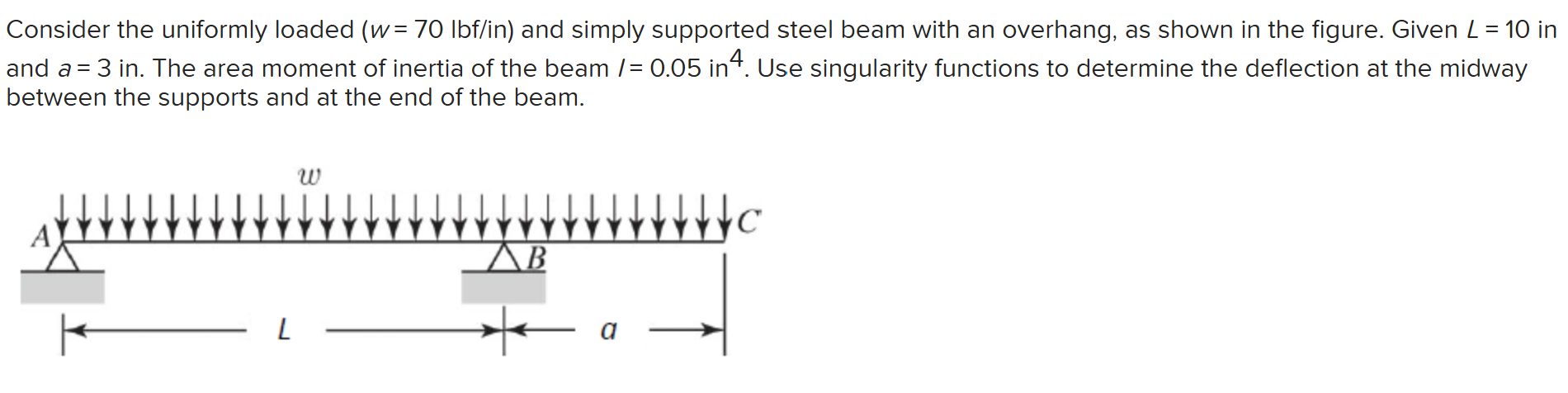 Consider the uniformly loaded ( w = 7 0 l b f i n