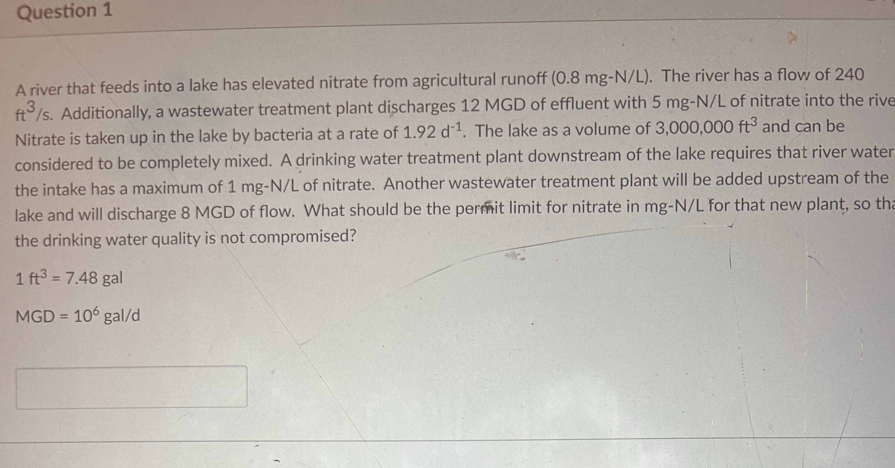 Question 1 A river that feeds into a lake has
