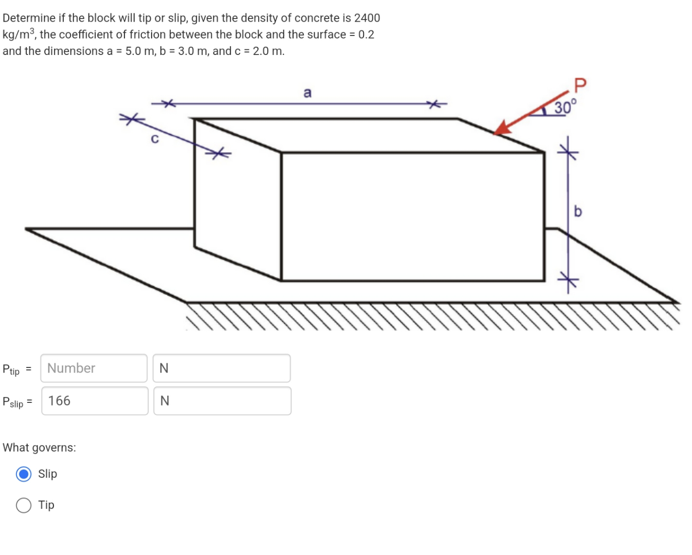 Determine if the block will tip or slip, given