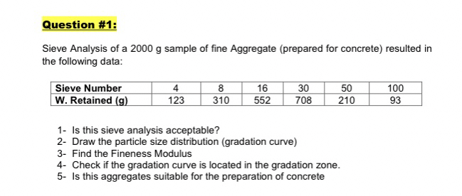 Question # 1 : Sieve Analysis of a 2 0 0 0 g