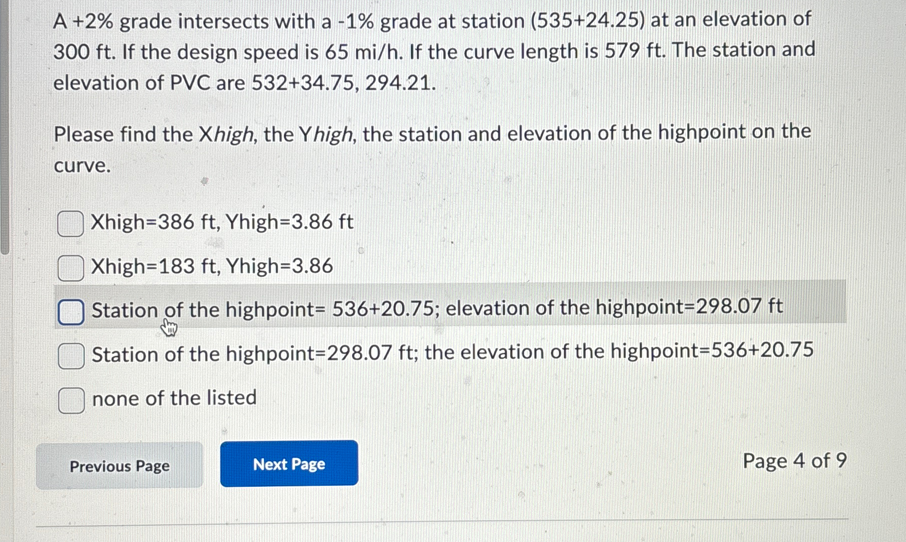 A + 2 % grade intersects with a - 1 % grade at
