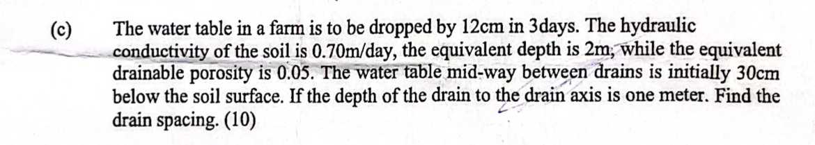 ( c ) The water table in a farm is to be dropped