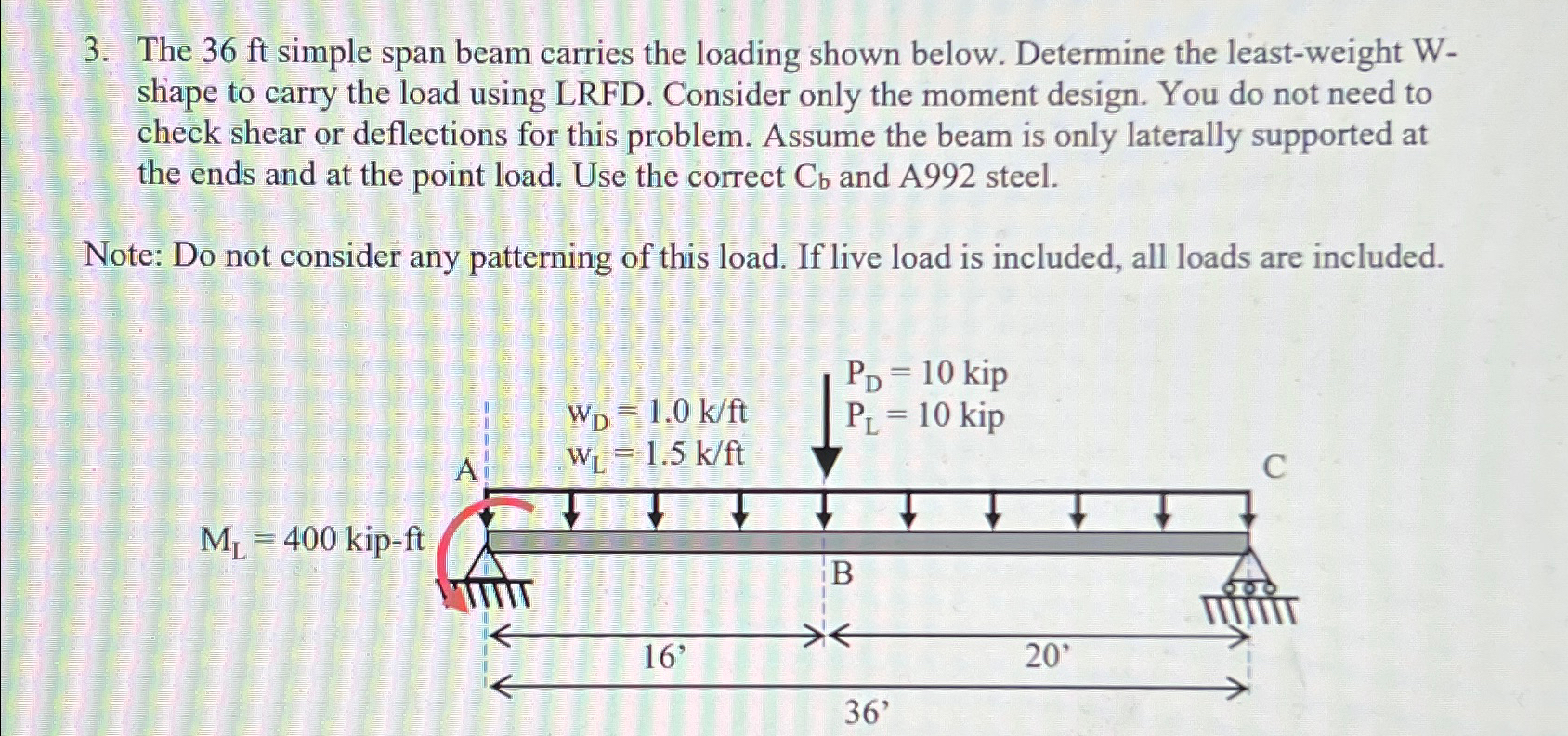 The 3 6 f t simple span beam carries the loading
