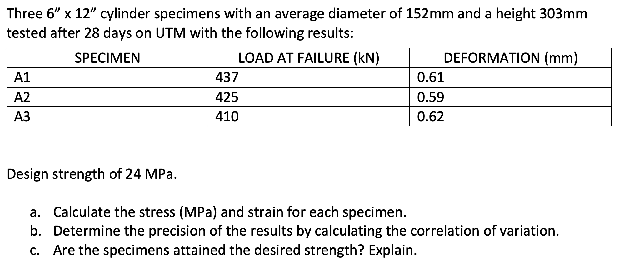 Three 6 ' ' x 1 2 ' ' cylinder specimens with an