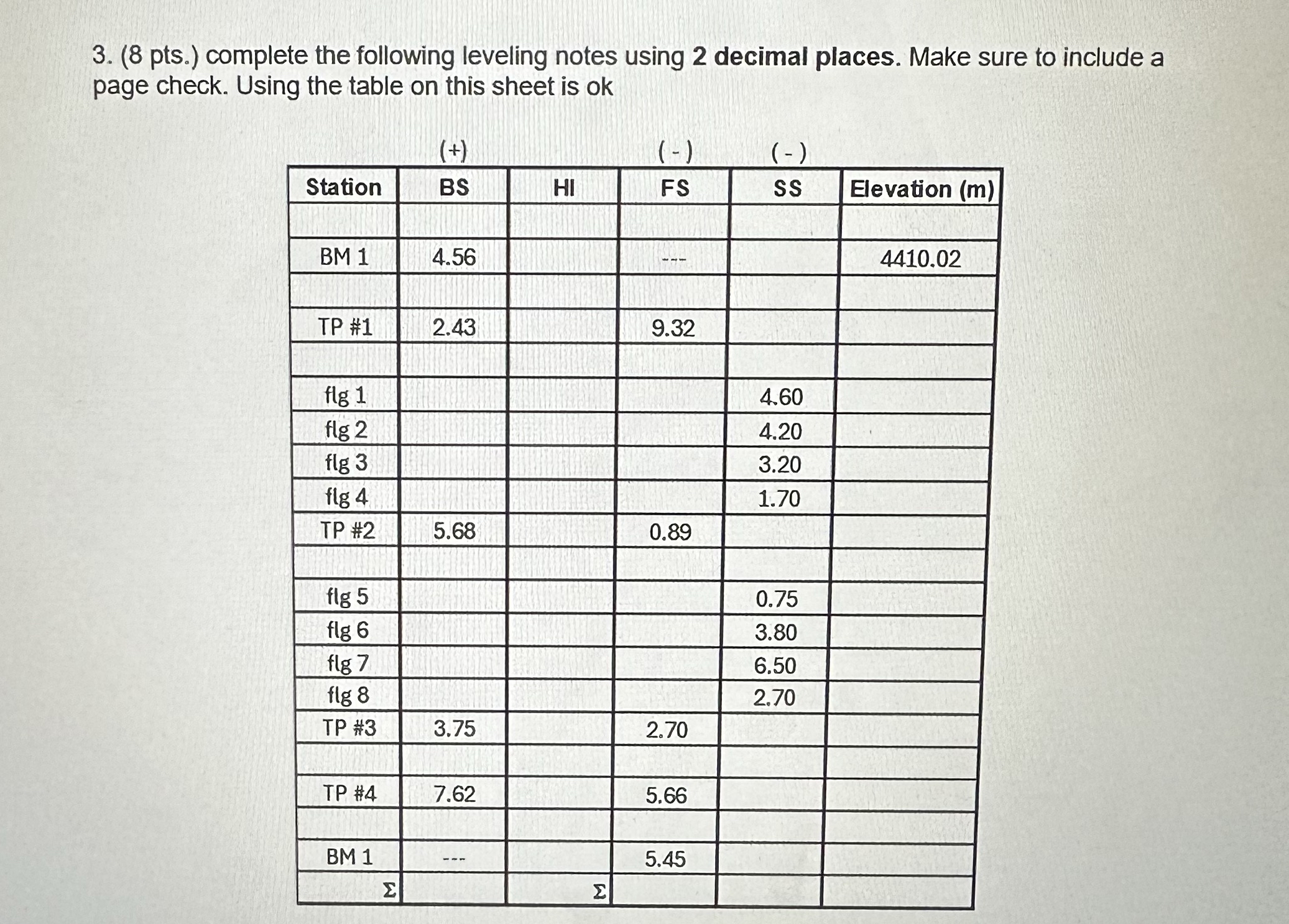 ( 8 pts . ) complete the following leveling notes